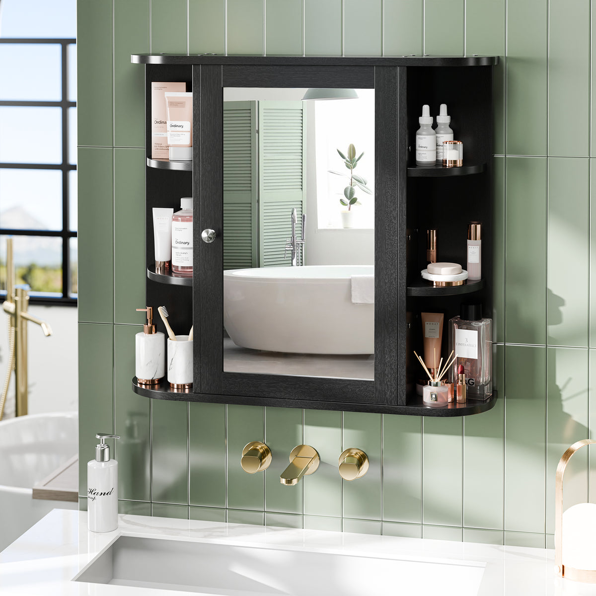 Bathroom Mirror Cabinet Wall Mounted, Bathroom Medicine Cabinet with Mirror and 6 Open Shelves, Modern Wall Cabinet