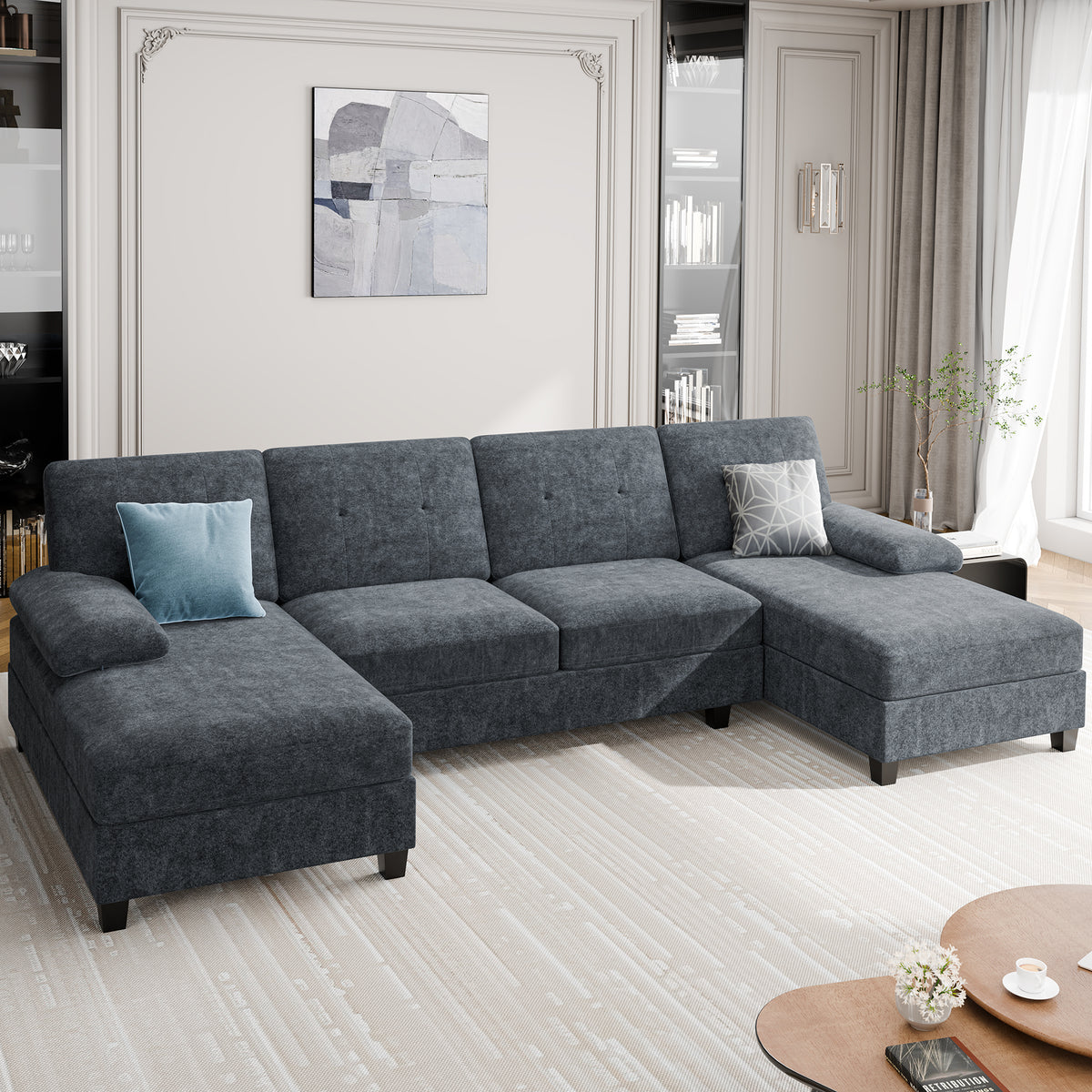 Meilocar Sectional Couches for Living Room, 106 in U Shaped Couch Soft Sectional Sofa with Double Chaise, Comfortable 4 Seat Couch