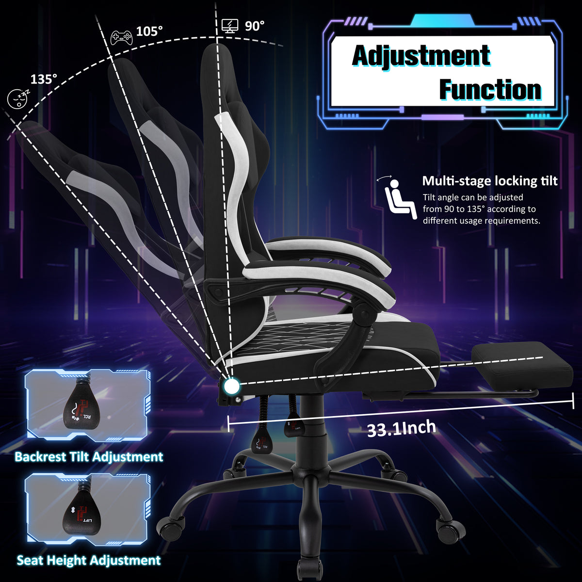 Meilocar Gaming Chair with Footrest, Ergonomic Fabric Desk Chair