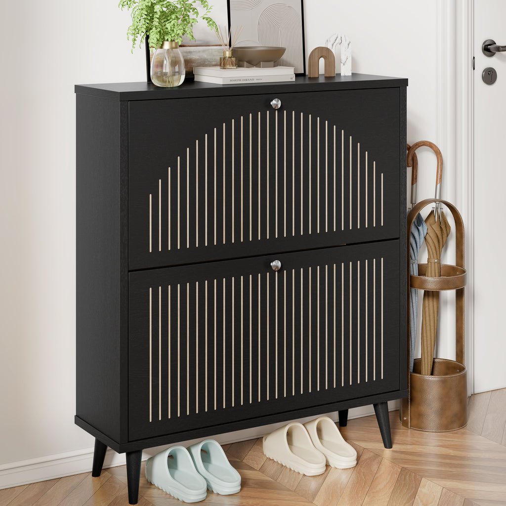 Shoe Cabinet with 2 Flip Drawers, Freestanding Wooden Shoe Storage Cabinet, Modern Fluted Shoe Organizer with Fluted Doors for Entryway, Hallway