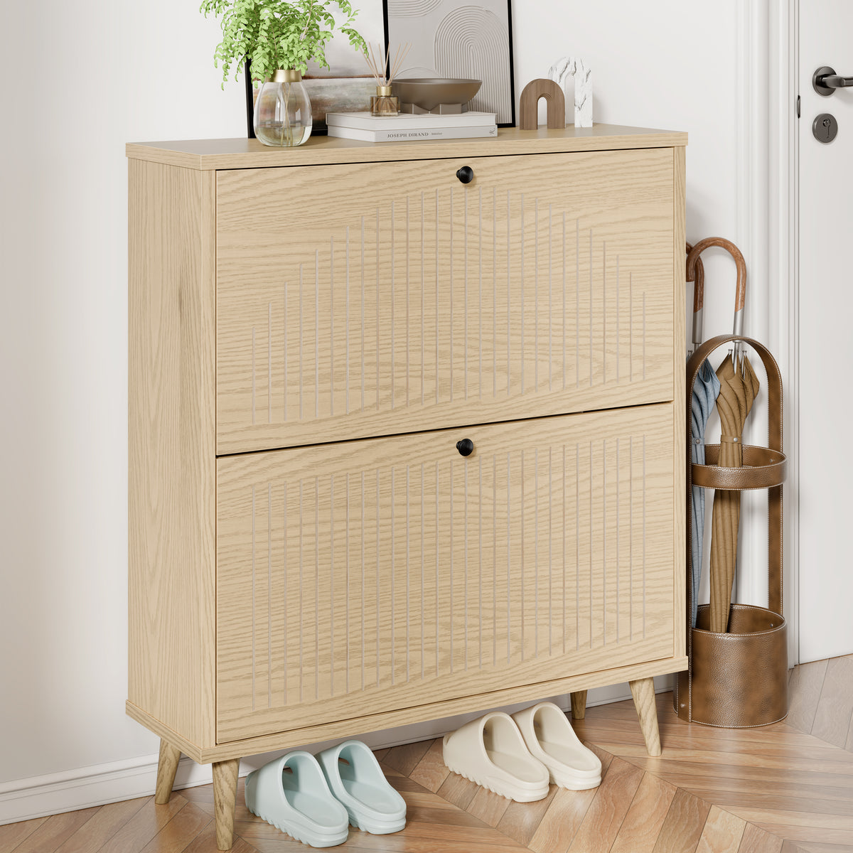 Shoe Cabinet with 2 Flip Drawers, Freestanding Wooden Shoe Storage Cabinet, Modern Fluted Shoe Organizer with Fluted Doors for Entryway, Hallway
