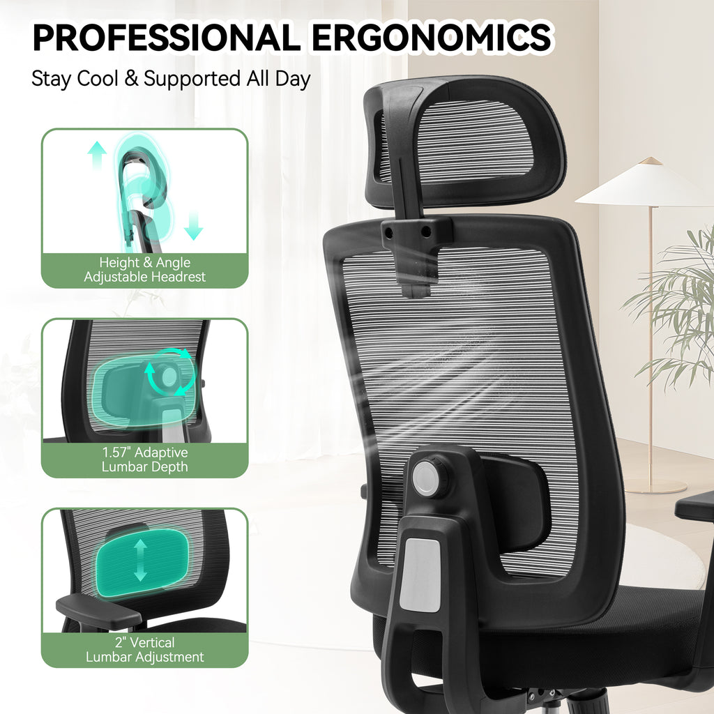 Meilocar Office Chair with Mesh High Back, Ergonomic Office Desk Chair with Adjustable Lumbar Support, Rolling Work Chairs with Wheels and 3D Headrest