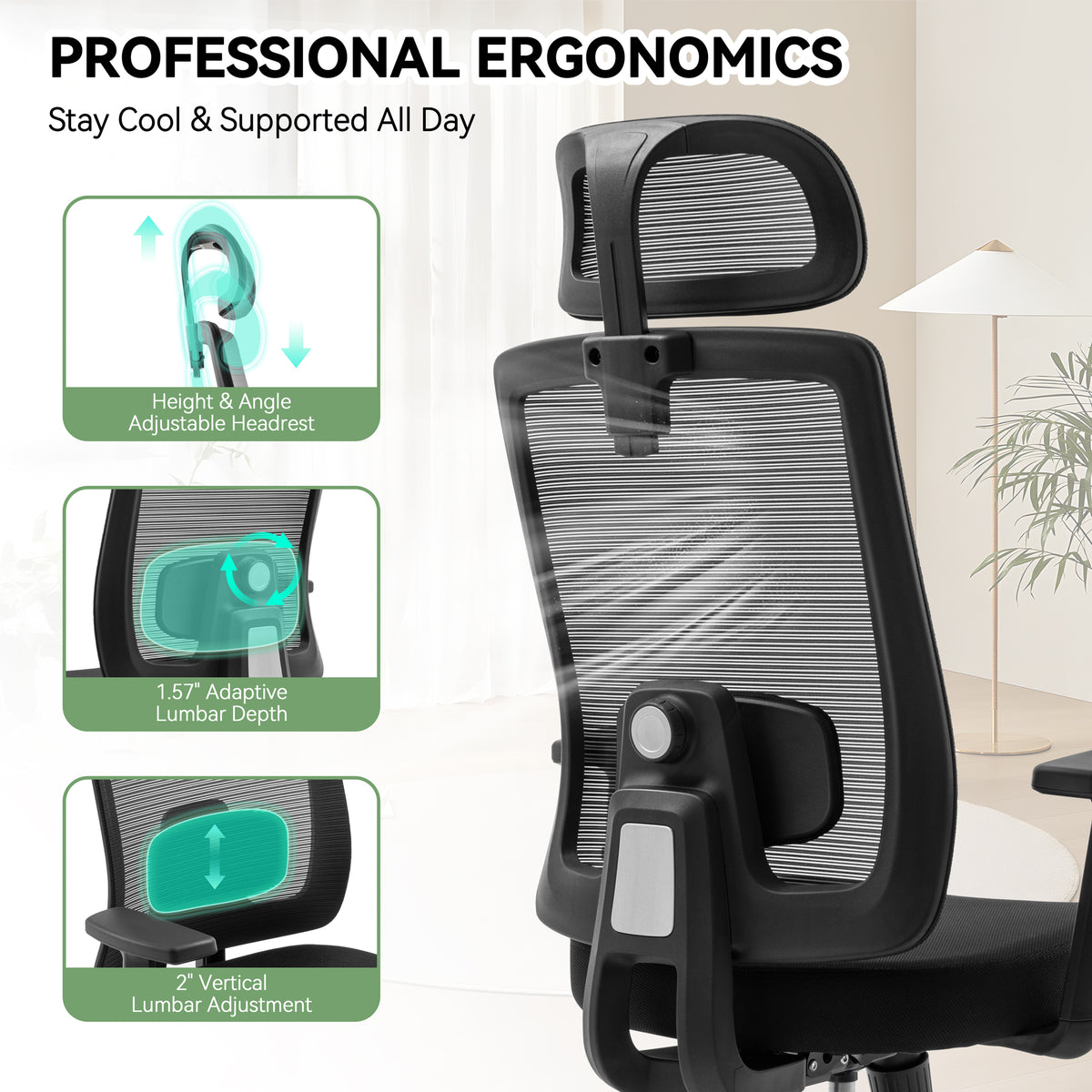 Meilocar Office Chair with Mesh High Back, Ergonomic Office Desk Chair with Adjustable Lumbar Support, Rolling Work Chairs with Wheels and 3D Headrest