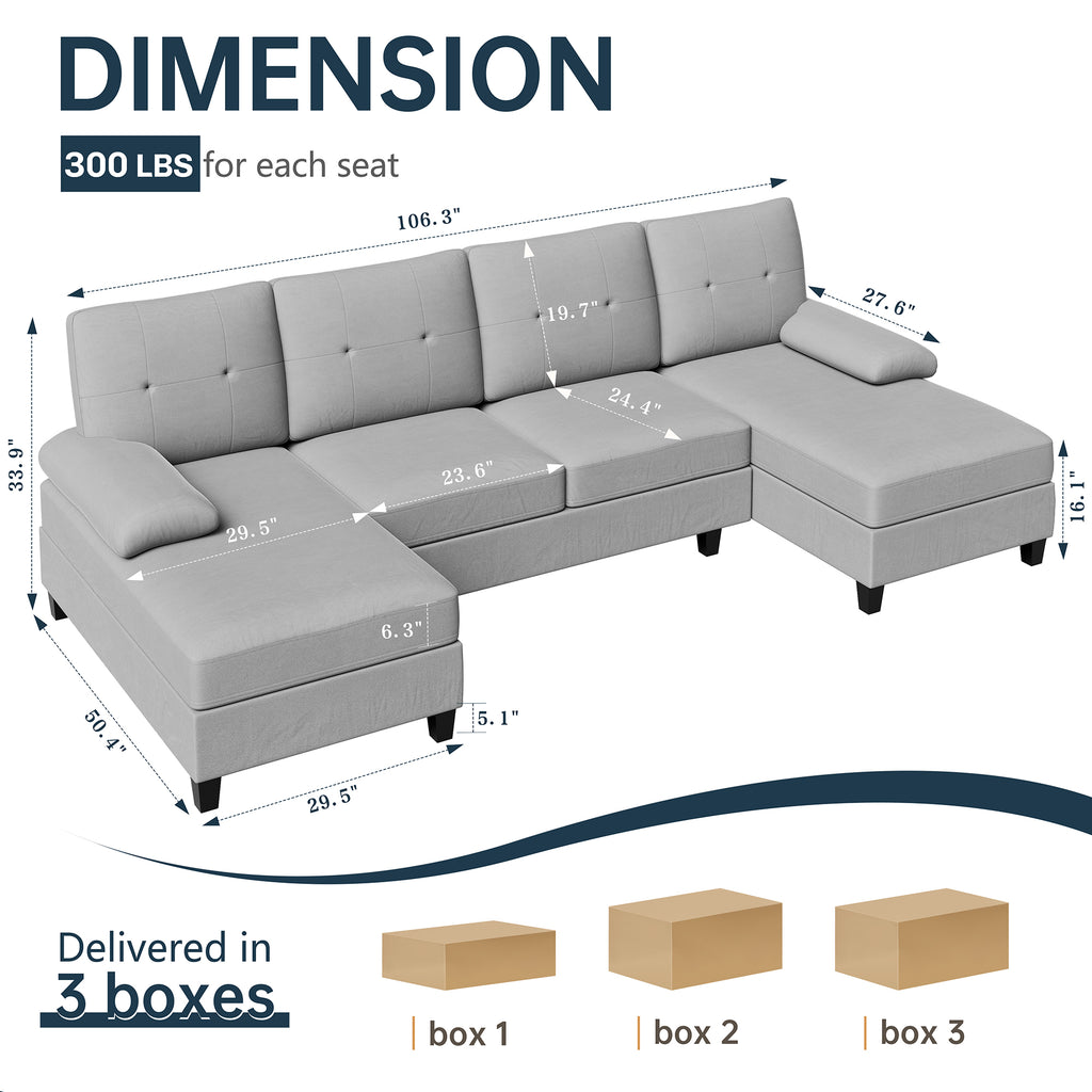 Meilocar Sectional Couches for Living Room, 106 in U Shaped Couch Soft Sectional Sofa with Double Chaise, Comfortable 4 Seat Couch