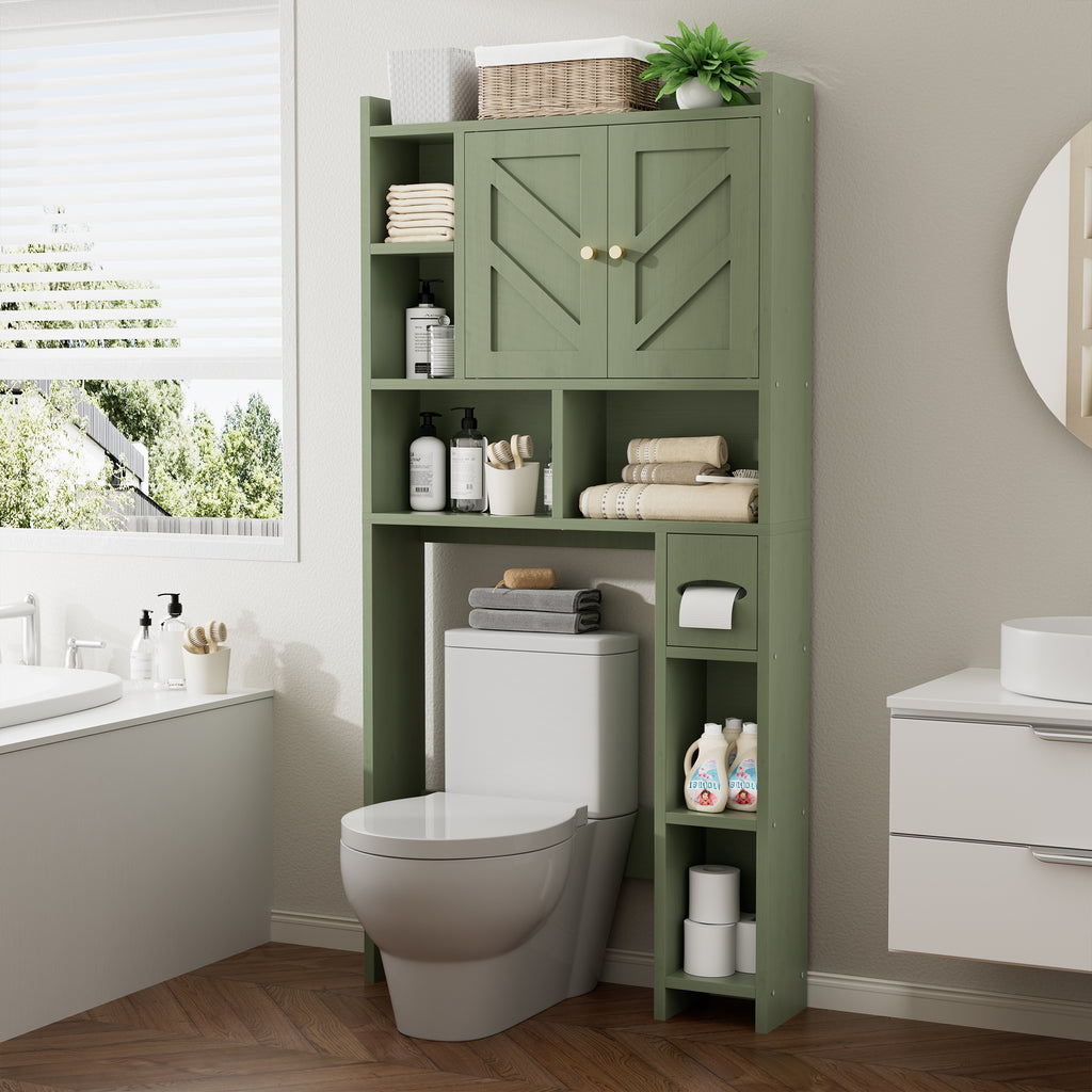 Meilocar 65.4" Over the Toilet Storage Cabinet, 29.1" Wide Bathroom Organizer with Toilet Paper Holder & Adjustable Shelf, Freestanding Space Saving Cabinet for Apartment, Laundry, Green
