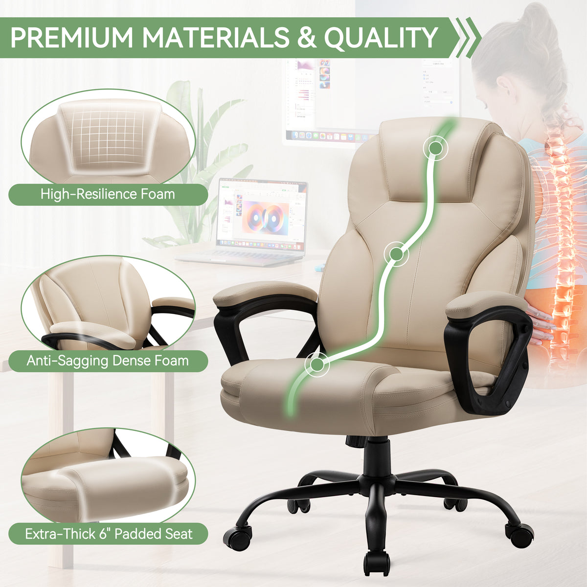 Meilocar Ergonomic Office Chair with High Back, Comfy Desk Chair, Adjustable Executive Office Chair for Home Office, Big and Tall Computer Chair Heavy Duty, 360° Swivel