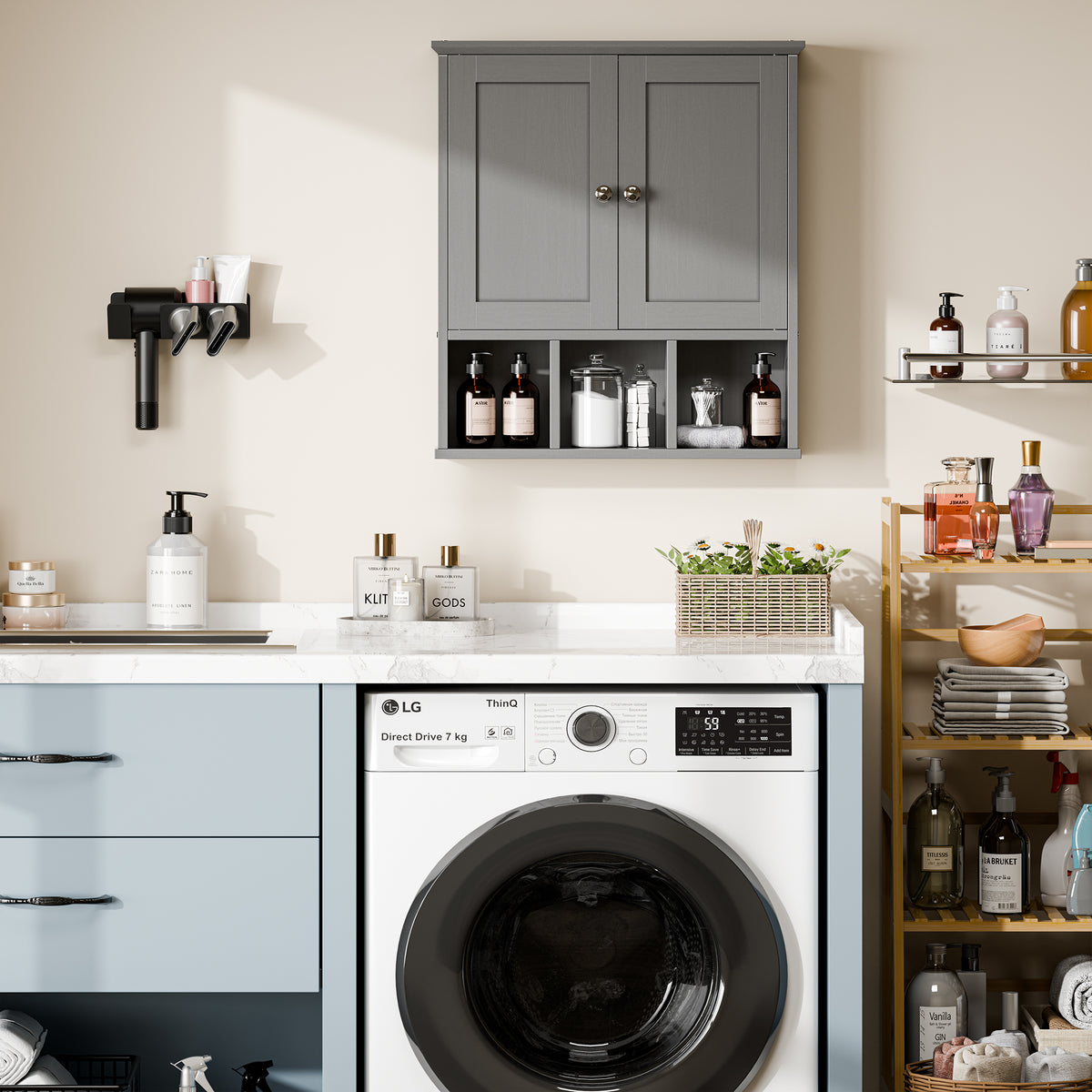 Meilocar Bathroom Wall Cabinet, Bathroom Cabinet Wall Mount with 2 Doors and 3 Open Shelves, Over the Toilet Wood Medicine Cabinets for Laundry Room