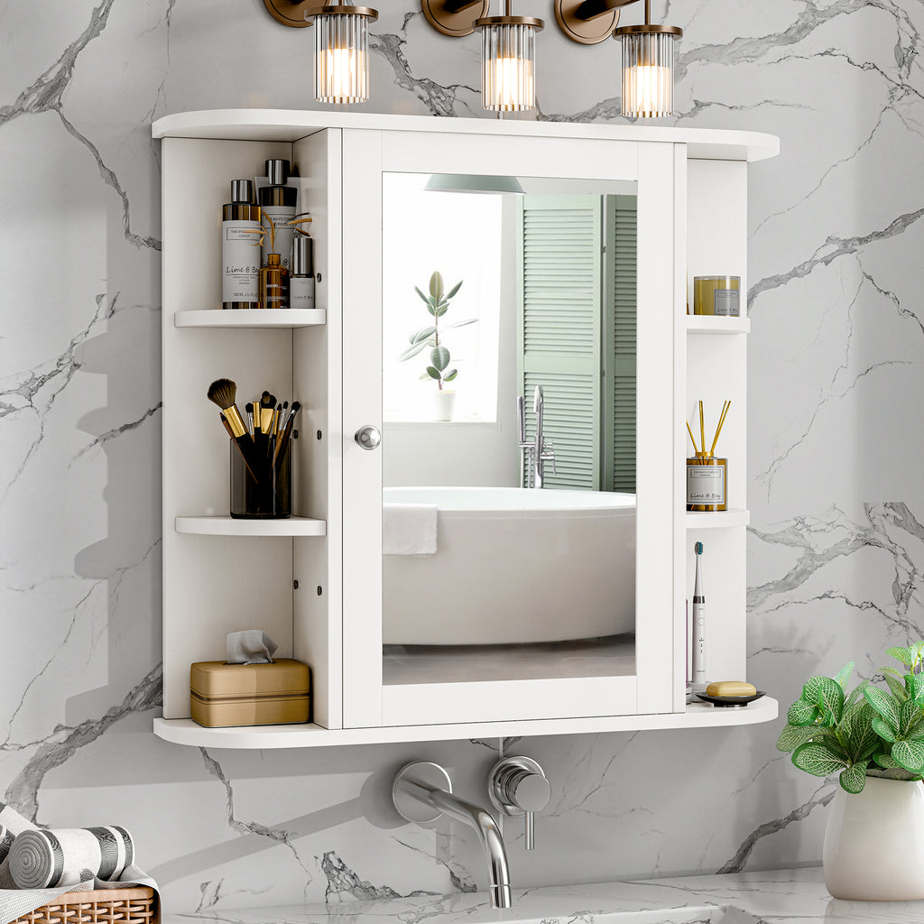 Meilocar Bathroom Medicine Cabinet, Bathroom Mirror Cabinet Wall Mounted with 6 Side Open Shelves, White Wall Cabinet with Mirror