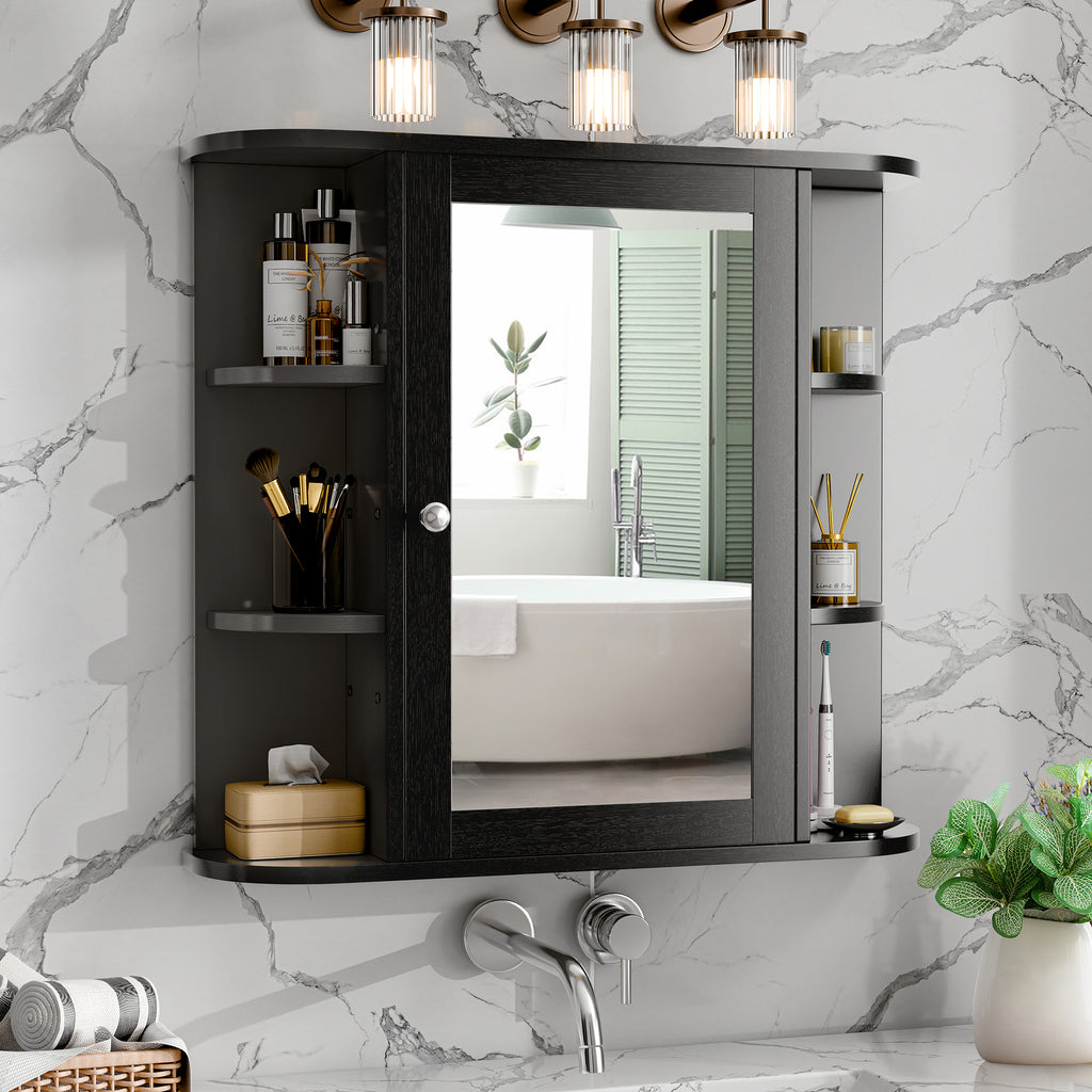 Bathroom Mirror Cabinet Wall Mounted, Bathroom Medicine Cabinet with Mirror and 6 Open Shelves, Modern Wall Cabinet