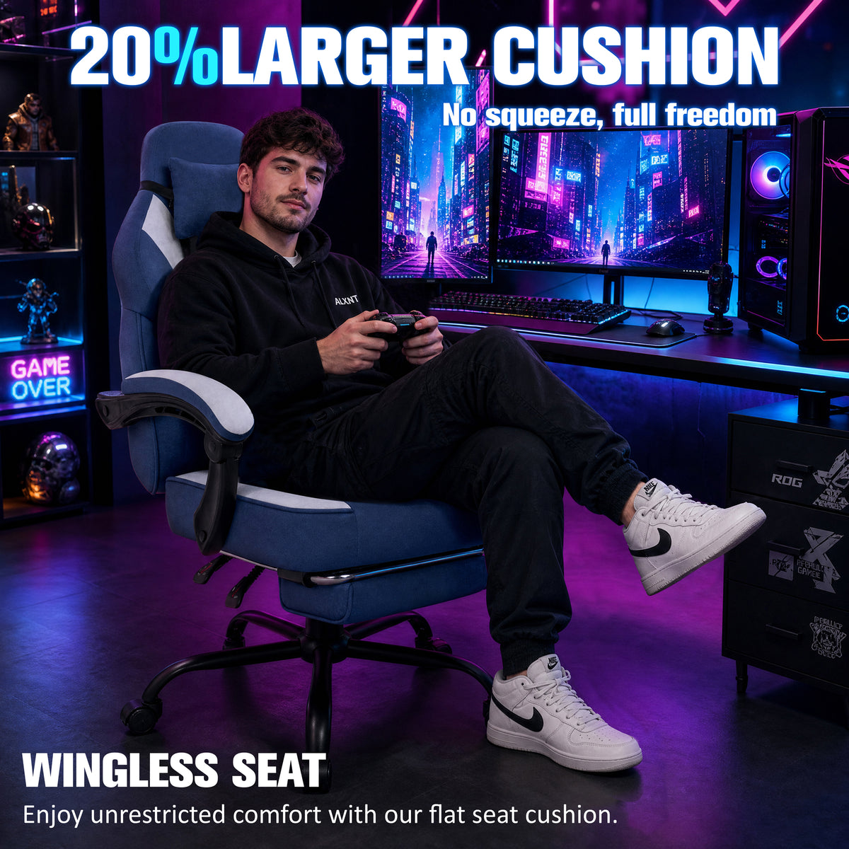 Meilocar Gaming Chair with Footrest Fabric Gaming Chair for Adults with Massage Lumbar Support, High Back Ergonomic Computer Chair, Pocket Spring Cushion, 150°Reclining & Linkage Armrests