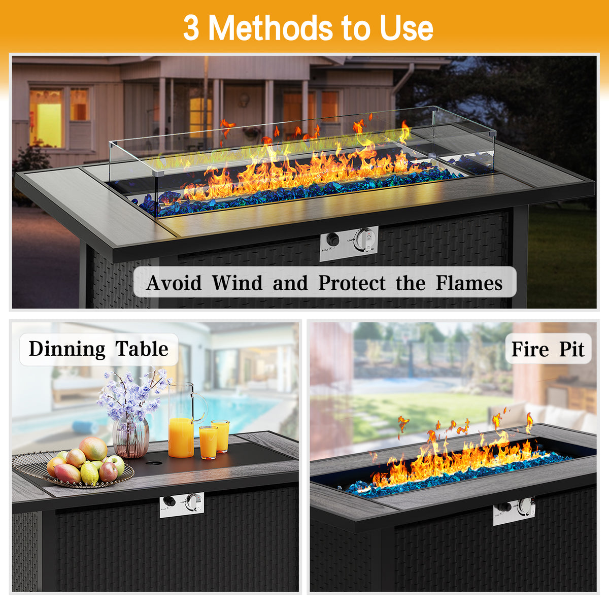 45in Fire Table, Propane Fire Pit with Glass Wind Guard and Rain Cover, Outdoor Firepit Table 50000 BTU 3-in-1 Fire Table for Patio/Yard/Balcony