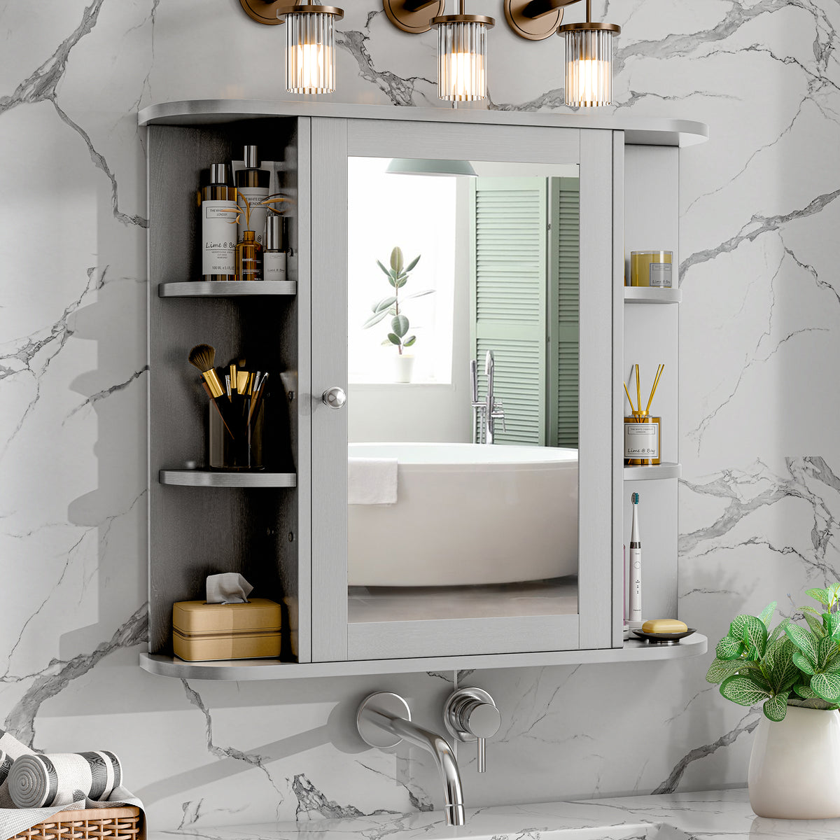 Bathroom Mirror Cabinet Wall Mounted, Bathroom Medicine Cabinet with Mirror and 6 Open Shelves, Modern Wall Cabinet