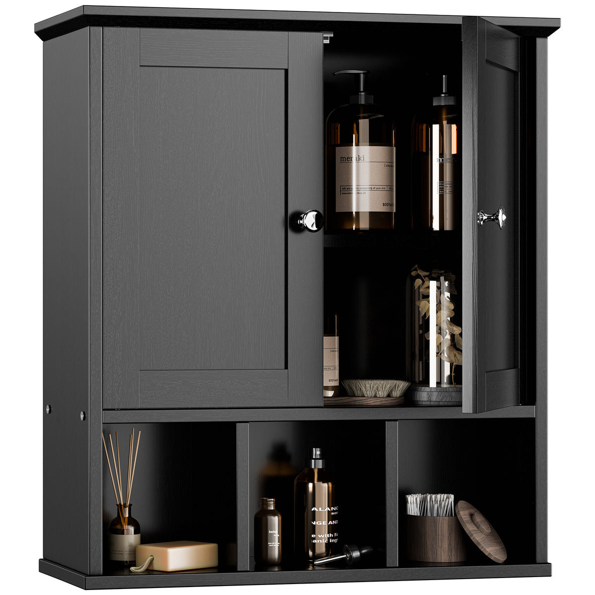 Meilocar Bathroom Wall Cabinet, Bathroom Cabinet Wall Mount with 2 Doors and 3 Open Shelves, Over the Toilet Wood Medicine Cabinets for Laundry Room