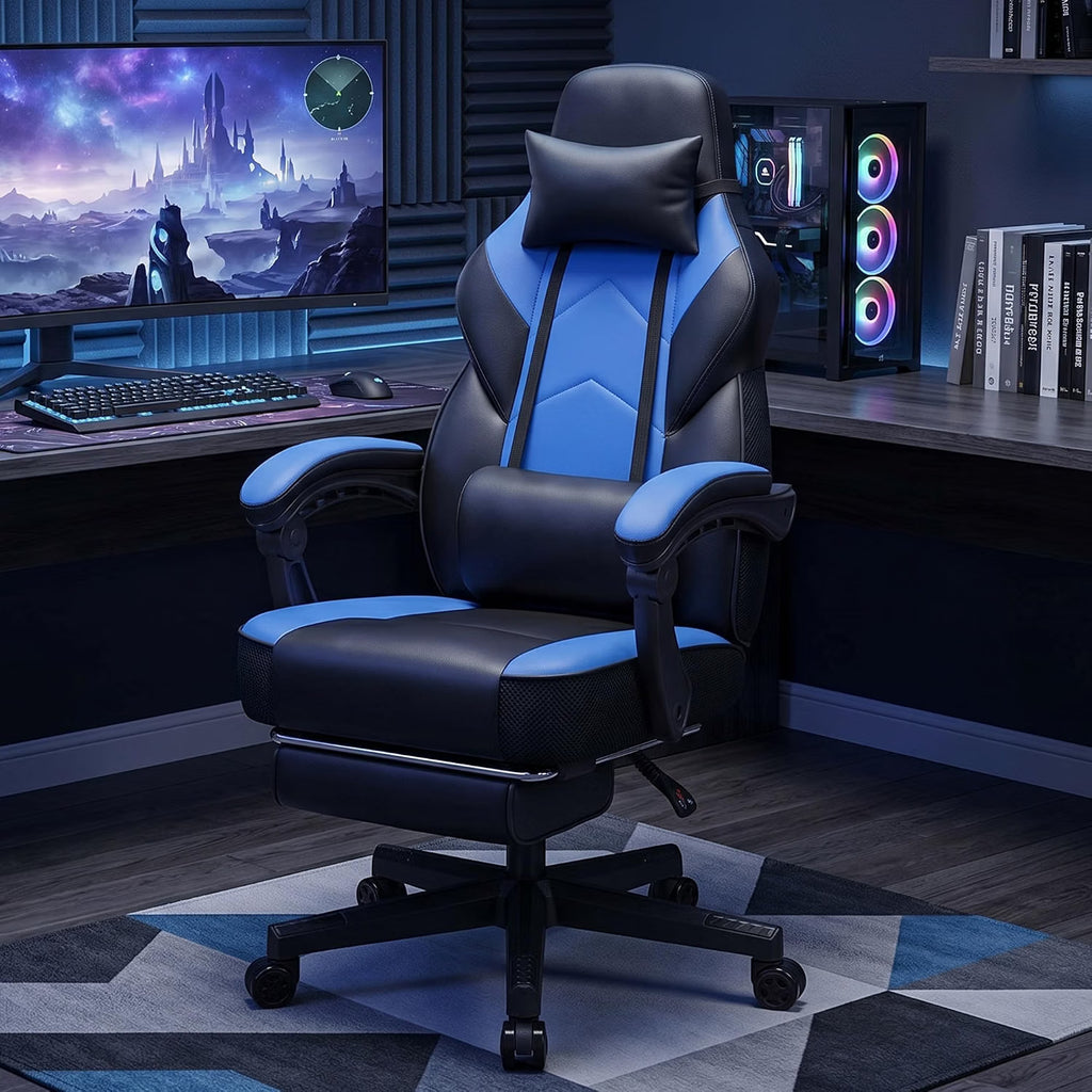 Meilocar Gaming Chair for Adults, Video Game Chair with Footrest, Big and Tall Gaming Chair Heavy Duty Computer Chair with Massage Lumbar, Ergonomic Adjustable Height and 360° Swivel Seat, PU Leather