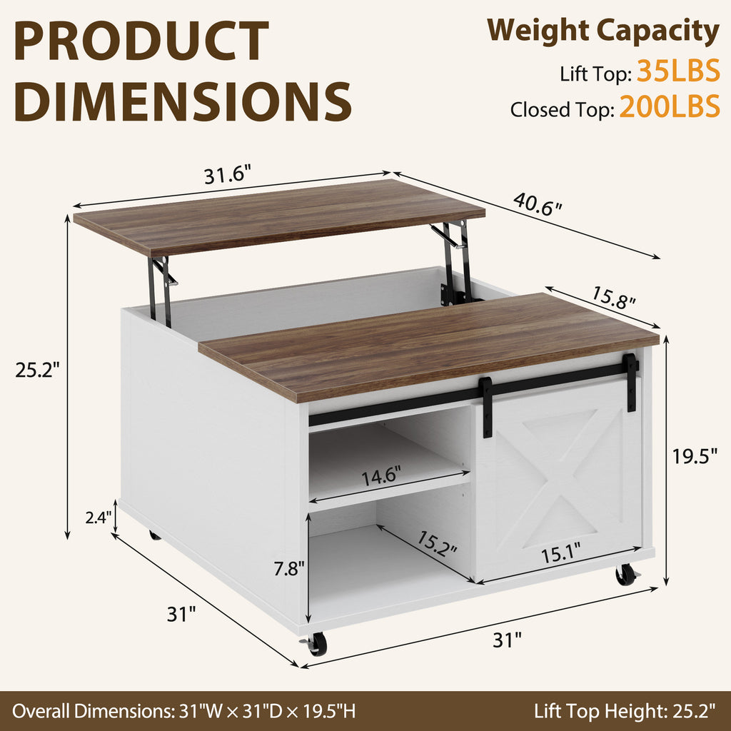 Meilocar Lift Top Coffee Table with Wheels 31" Square - Farmhouse, Black Features a rustic wood lift top, hidden storage, adjustable shelf, and sliding barn door to keep living rooms organized.