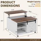 Meilocar Lift Top Coffee Table with Wheels 31" Square - Farmhouse, Black Features a rustic wood lift top, hidden storage, adjustable shelf, and sliding barn door to keep living rooms organized.
