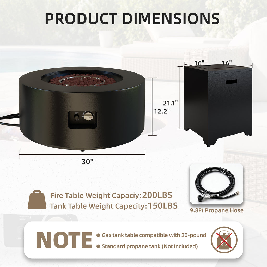 Meilocar 2-Piece Propane Fire Pit Table Set, 30 Inch 50,000 BTU, Includes Propane Tank Storage Side Table, Removable Flat Lid, Lava Rocks, Weather-Resistant Design for Outdoor Patio Deck