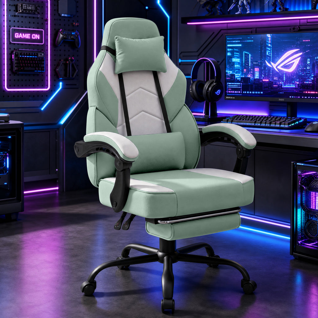 Meilocar Gaming Chair with Footrest Fabric Gaming Chair for Adults with Massage Lumbar Support, High Back Ergonomic Computer Chair, Pocket Spring Cushion, 150°Reclining & Linkage Armrests