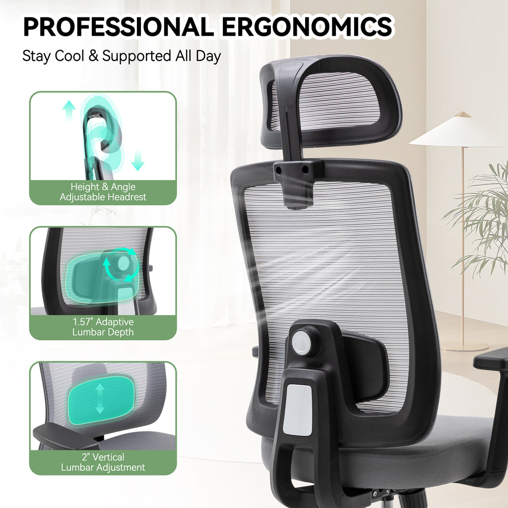 Meilocar Ergonomic Office Chair, Office Desk Chair with High Back Mesh and Adjustable Lumbar Support, Rolling Work Chairs with Wheels and Adjustable Headrests, Wide Cushion