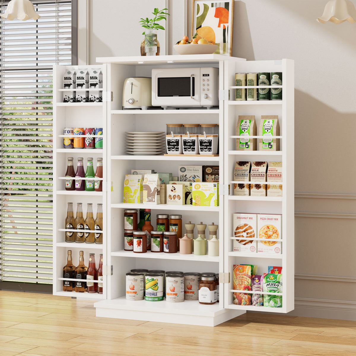 Meilocar 47in Kitchen Pantry Cabinet, Wood Kitchen Storage Pantry Cabinets Freestanding Pantries Cabinets with Doors & Adjustable Shelves