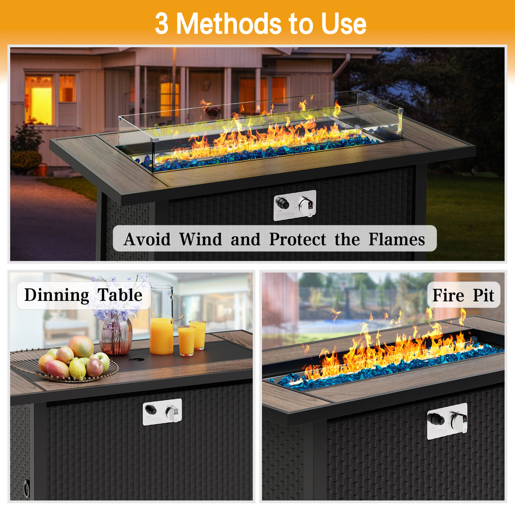 45in Fire Table, Propane Fire Pit with Glass Wind Guard and Rain Cover, Outdoor Firepit Table 50000 BTU 3-in-1 Fire Table for Patio/Yard/Balcony