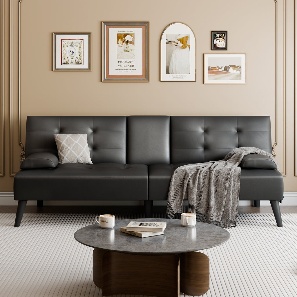 64" Futon Sofa Bed, Small Couch with 2 Cup Holders, PU Leather, Black