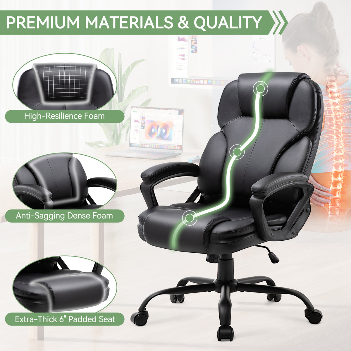 Meilocar Ergonomic Office Chair with High Back, Comfy Desk Chair, Adjustable Executive Office Chair for Home Office, Big and Tall Computer Chair Heavy Duty, 360° Swivel
