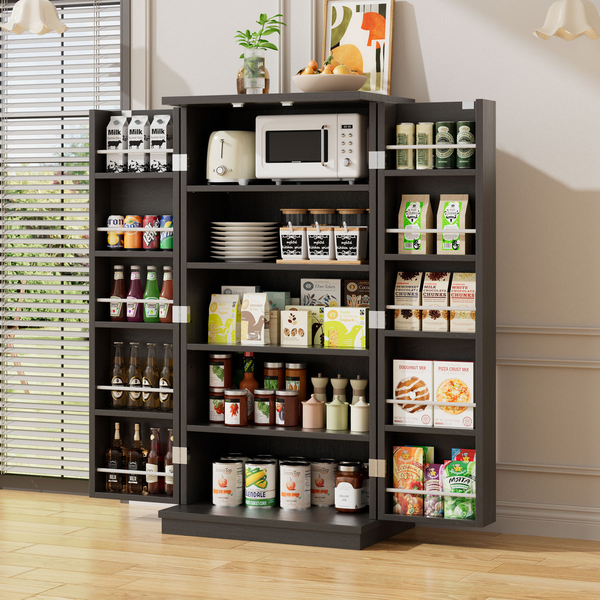 Meilocar 47in Kitchen Pantry Cabinet, Wood Kitchen Storage Pantry Cabinets Freestanding Pantries Cabinets with Doors & Adjustable Shelves
