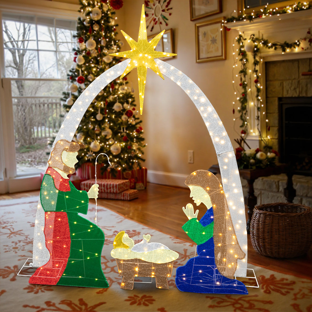 Meilocar 6 FT Nativity Scene Outdoor Christmas Decoration Lighted up Christmas Holiday Display, Nativity Scene Set with LED Lights Christmas Tree Decor, Birth of Jesus