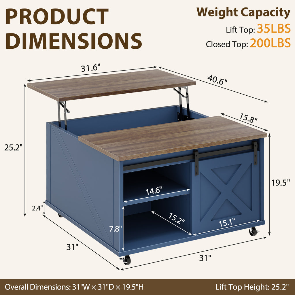 Meilocar Lift Top Coffee Table with Wheels 31" Square - Farmhouse, Black Features a rustic wood lift top, hidden storage, adjustable shelf, and sliding barn door to keep living rooms organized.