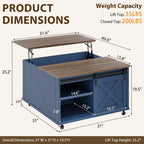 Meilocar Lift Top Coffee Table with Wheels 31" Square - Farmhouse, Black Features a rustic wood lift top, hidden storage, adjustable shelf, and sliding barn door to keep living rooms organized.