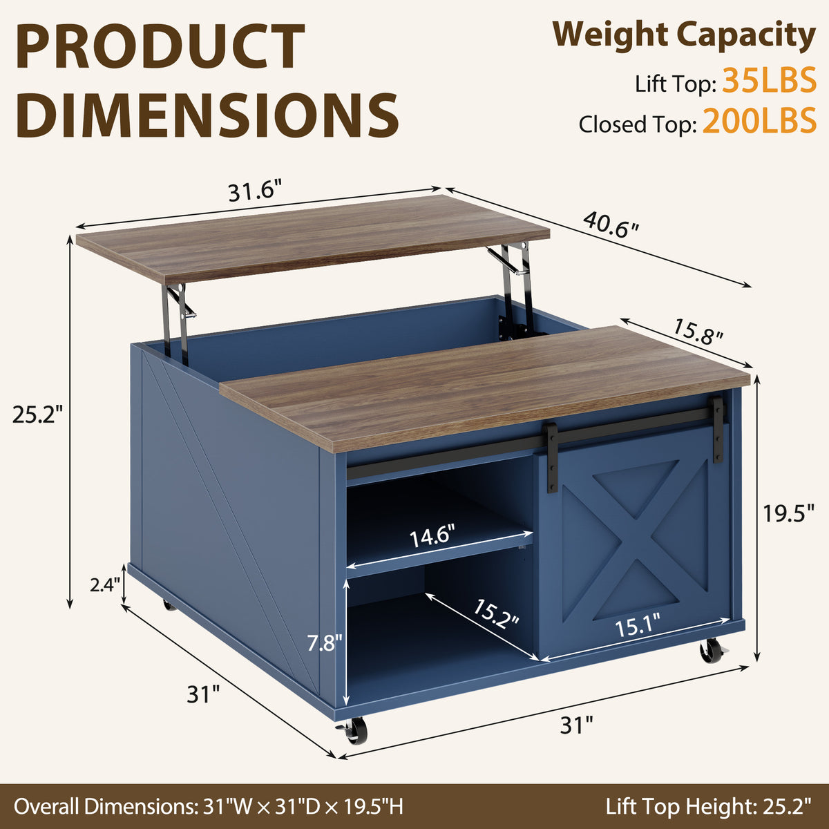 Meilocar Lift Top Coffee Table with Wheels 31" Square - Farmhouse, Black Features a rustic wood lift top, hidden storage, adjustable shelf, and sliding barn door to keep living rooms organized.