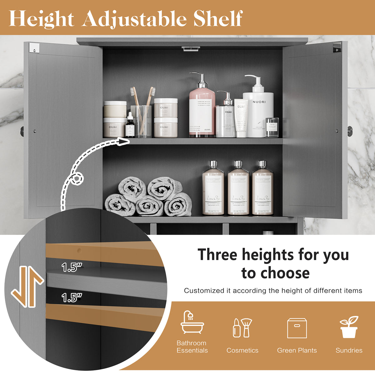 Meilocar Bathroom Wall Cabinet, Bathroom Cabinet Wall Mount with 2 Doors and 3 Open Shelves, Over the Toilet Wood Medicine Cabinets for Laundry Room