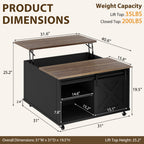 Meilocar Lift Top Coffee Table with Wheels 31" Square - Farmhouse, Black Features a rustic wood lift top, hidden storage, adjustable shelf, and sliding barn door to keep living rooms organized.