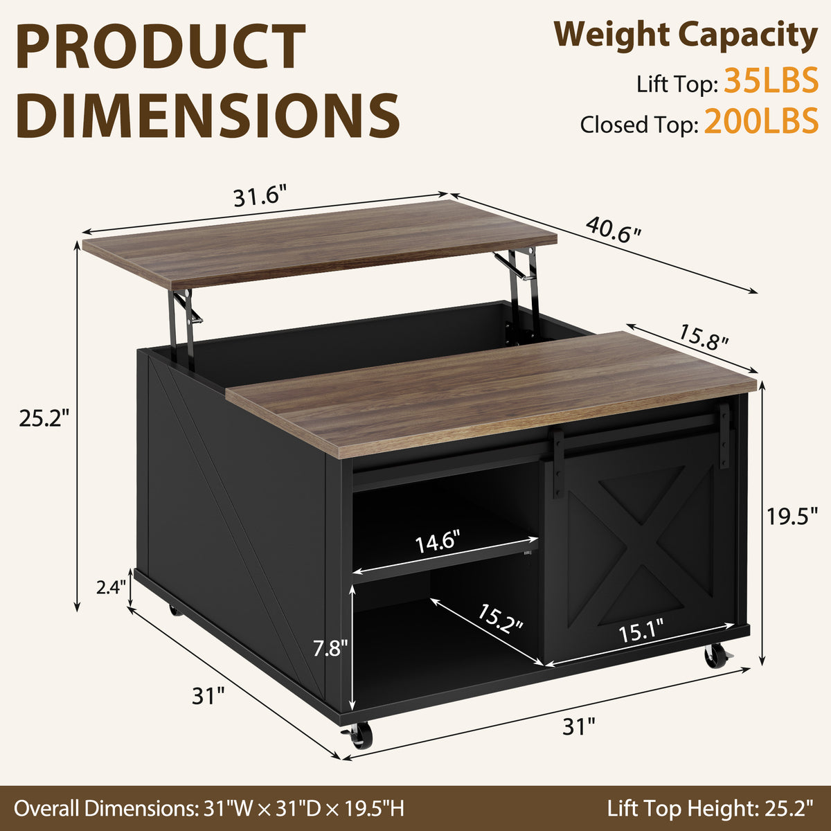 Meilocar Lift Top Coffee Table with Wheels 31" Square - Farmhouse, Black Features a rustic wood lift top, hidden storage, adjustable shelf, and sliding barn door to keep living rooms organized.