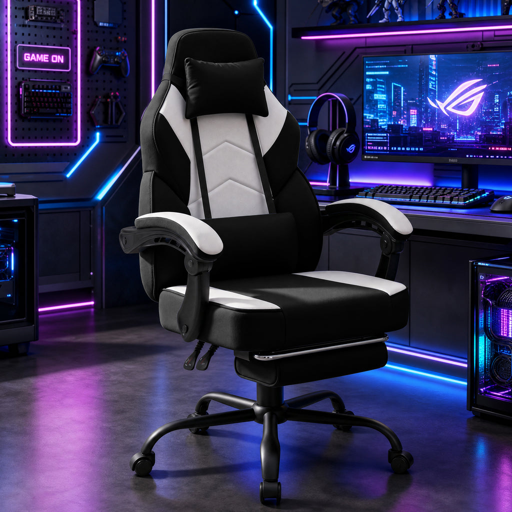 Meilocar Gaming Chair with Footrest Fabric Gaming Chair for Adults with Massage Lumbar Support, High Back Ergonomic Computer Chair, Pocket Spring Cushion, 150°Reclining & Linkage Armrests