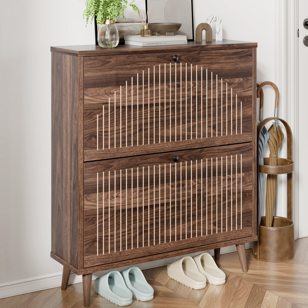 Shoe Cabinet with 2 Flip Drawers, Freestanding Wooden Shoe Storage Cabinet, Modern Fluted Shoe Organizer with Fluted Doors for Entryway, Hallway