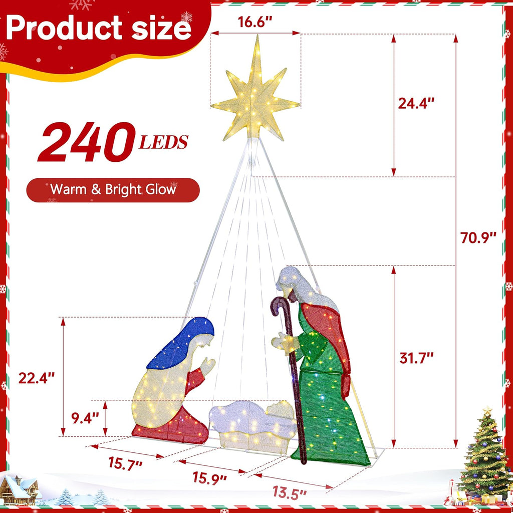 Meilocar 6FT Lighted Nativity Scene Outdoor Christmas Decoration, 4 PC Set Pre-Lit Holy Family Set Mary Joseph Jesus North Star with 240 LED Lights for Lawn Yard Patio