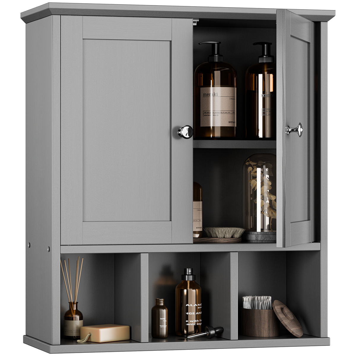 Meilocar Bathroom Wall Cabinet, Bathroom Cabinet Wall Mount with 2 Doors and 3 Open Shelves, Over the Toilet Wood Medicine Cabinets for Laundry Room