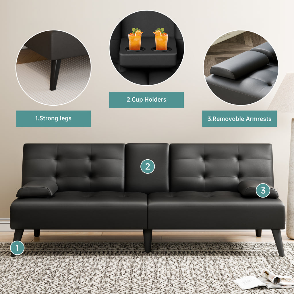 64" Futon Sofa Bed, Small Couch with 2 Cup Holders, PU Leather, Black