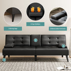 64" Futon Sofa Bed, Small Couch with 2 Cup Holders, PU Leather, Black