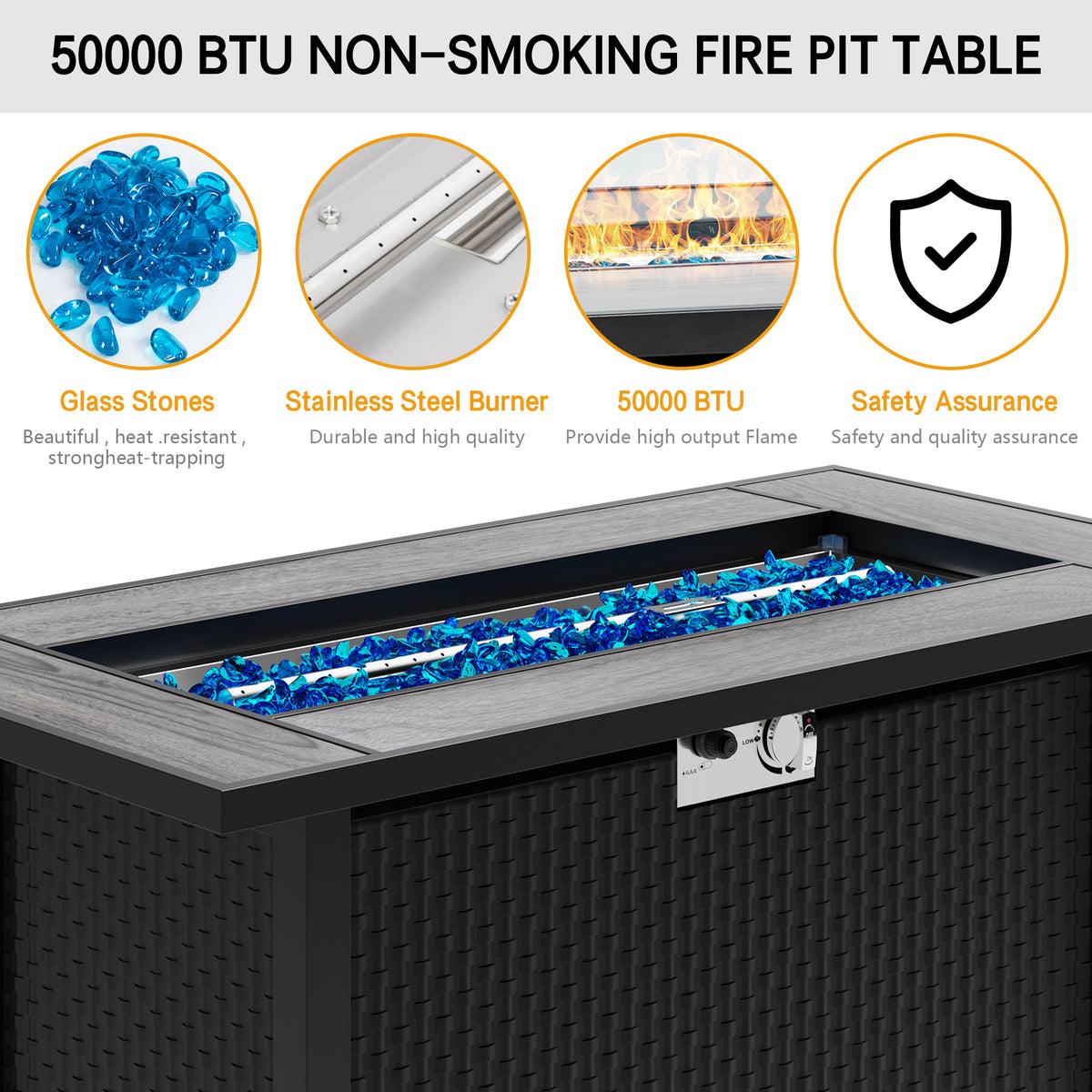 45in Fire Table, Propane Fire Pit with Glass Wind Guard and Rain Cover, Outdoor Firepit Table 50000 BTU 3-in-1 Fire Table for Patio/Yard/Balcony