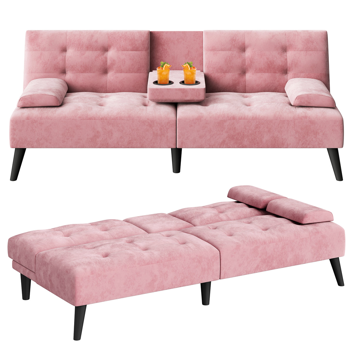 Meilocar 64" Futon Sofa Bed, Small Loveseat, Cup Holders, Small Couch with 3 Adjustable Angles, Removable Armrests, Small Sofa for Apartment, 5.3 FT