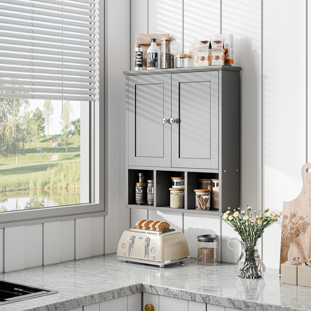 Meilocar Bathroom Wall Cabinet, Bathroom Cabinet Wall Mount with 2 Doors and 3 Open Shelves, Over the Toilet Wood Medicine Cabinets for Laundry Room