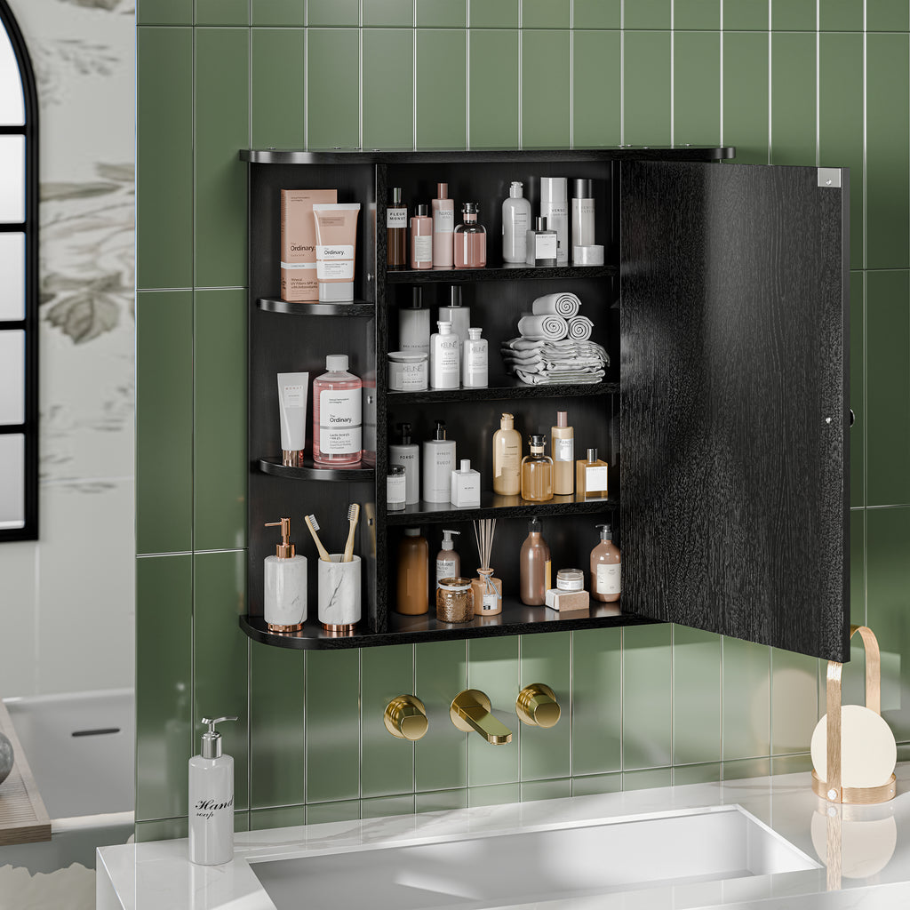 Bathroom Mirror Cabinet Wall Mounted, Bathroom Medicine Cabinet with Mirror and 6 Open Shelves, Modern Wall Cabinet