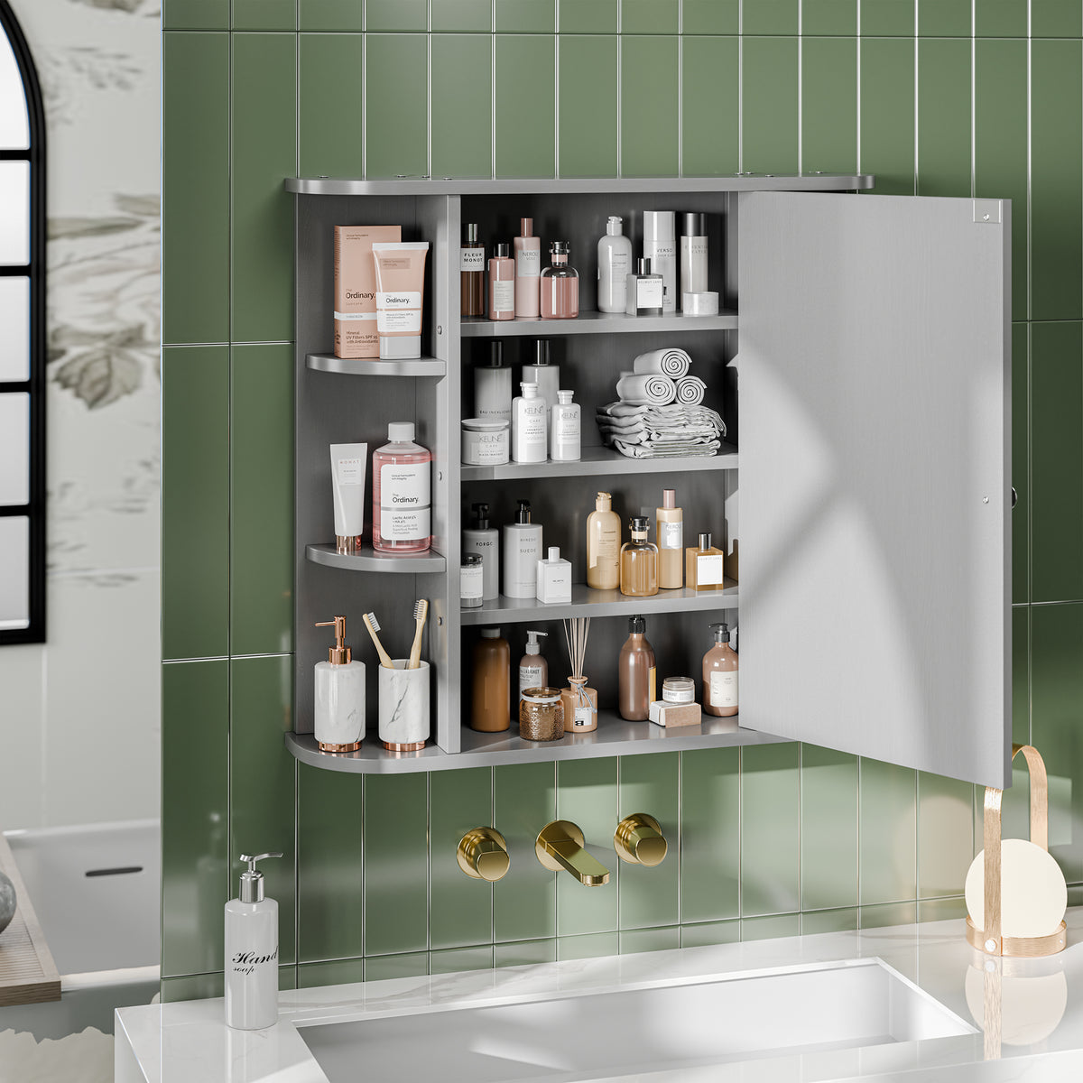 Meilocar Bathroom Medicine Cabinet with Mirror, Mirror Cabinet with 6 Open Shelves, Modern Bathroom Wall Cabinet Medicine Cabinet,