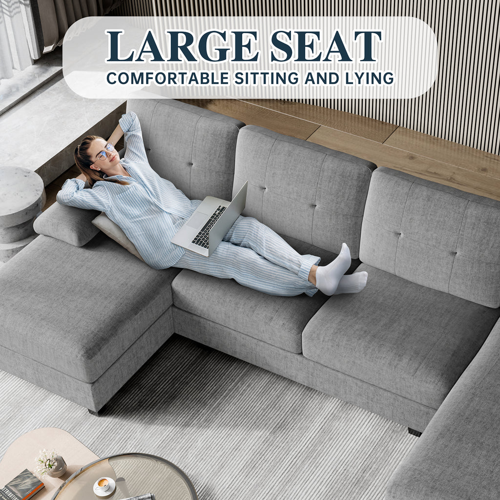 Meilocar Sectional Couches for Living Room, U Shaped Couch Sectional Sofa with Chaise, 4 Seat Sofa Couch for Apartment, Sectionals Couches Linen, Striped Grey