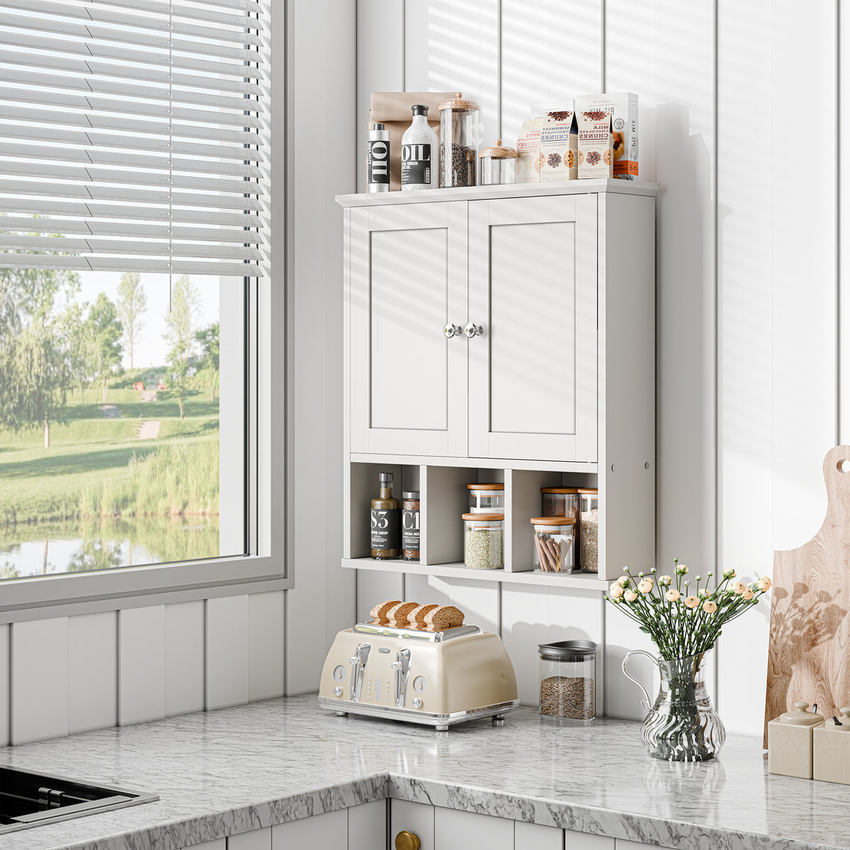 Meilocar Bathroom Wall Cabinet, Bathroom Cabinet Wall Mount with 2 Doors and 3 Open Shelves, Over the Toilet Wood Medicine Cabinets for Laundry Room
