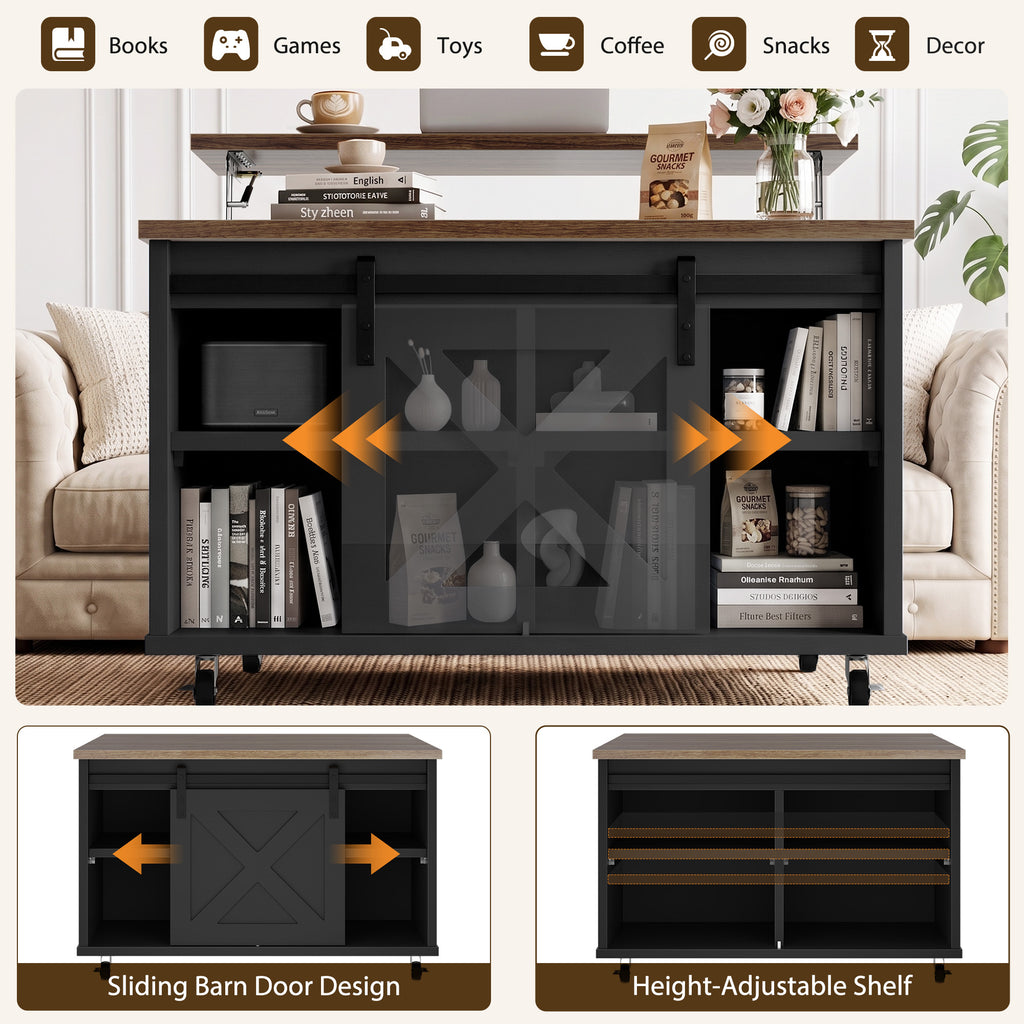Meilocar Lift Top Coffee Table with Wheels 31" Square - Farmhouse, Black Features a rustic wood lift top, hidden storage, adjustable shelf, and sliding barn door to keep living rooms organized.