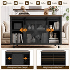 Meilocar Lift Top Coffee Table with Wheels 31" Square - Farmhouse, Black Features a rustic wood lift top, hidden storage, adjustable shelf, and sliding barn door to keep living rooms organized.